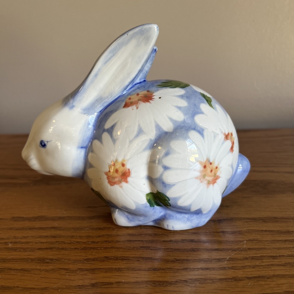Floral Ceramic Rabbit Figurine, Andrea by Sadek, Daisy Blue and White Floral - Picture 3 of 10
